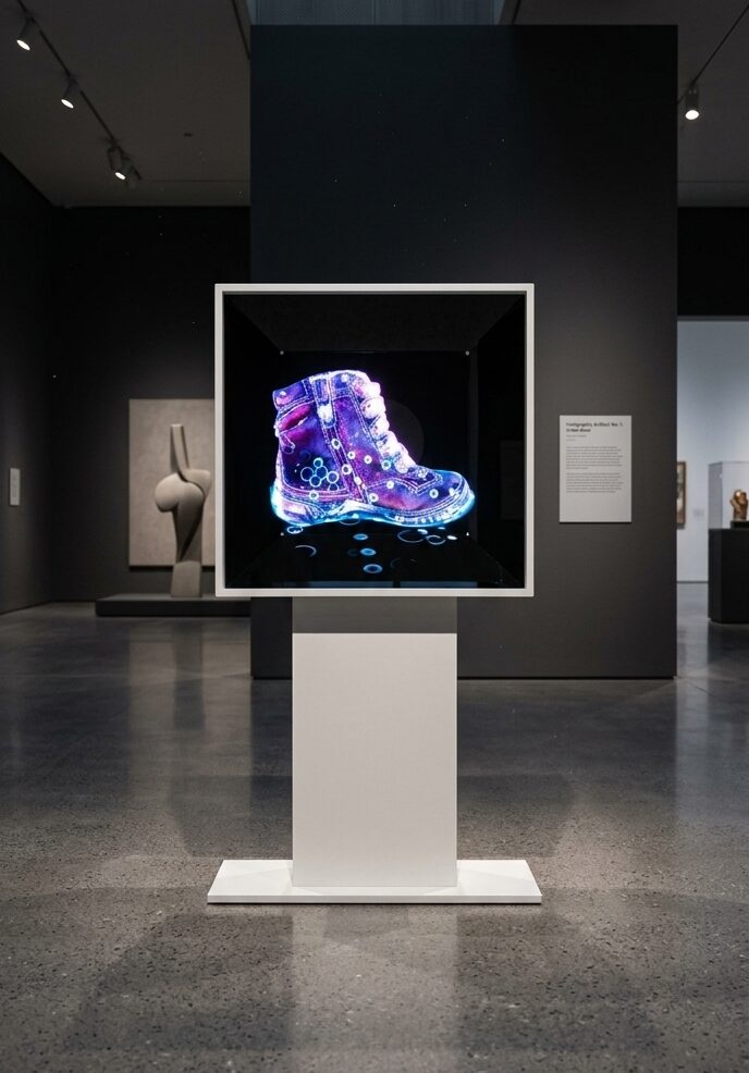 Moderni izložbeni stalak i 3D hologram dječjih cipela Froddo povodom 80 godina tvrtke Ivančica u Muzeju planinarstva.